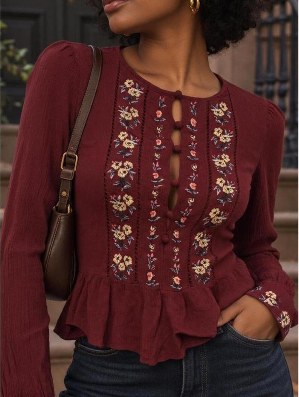 H&M Divided Burgundy Embroidered Peplum Blouse Romantic Fall Top